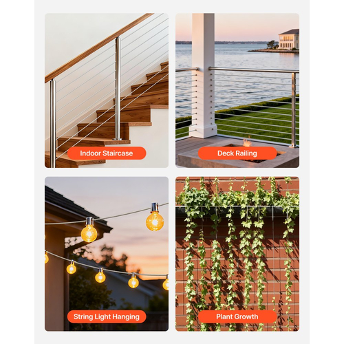 Κιτ συρματόσχοινου VEVOR 4,76 mm, μήκος 61 m, καλώδιο από ανοξείδωτο χάλυβα 304, αντοχή σε θραύση 7,1 kN, κατασκευή 7 x 7 κλώνων, χαλύβδινο καλώδιο για σύστημα κιγκλιδωμάτων καταστρώματος, πέργκολα κήπου, φωτιστικά σε σειρά