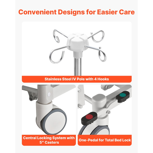 VEVOR Premium Πλήρως Ηλεκτρικό Νοσοκομειακό Κρεβάτι 5 Λειτουργιών, Ηλεκτρικό Ιατρικό Κρεβάτι με Trendelenburg & Αντίστροφη Τρεντελένγκ και Κεντρικό Κλείδωμα με Ροδάκια 127mm για Κατ' Οίκον Νοσοκομειακή Περίθαλψη, Φόρτωση 250kg