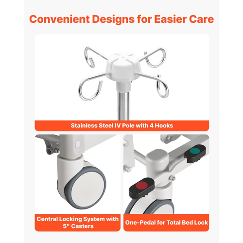 VEVOR Premium Πλήρως Ηλεκτρικό Νοσοκομειακό Κρεβάτι 5 Λειτουργιών, Ηλεκτρικό Ιατρικό Κρεβάτι με Καρδιακή Καρδιά, ΚΑΡΠΑ, Trendelenburg & Αντίστροφη Trendelenburg, Κεντρικό Κλείδωμα με Ροδάκια 127mm για Κατ' Οίκον Νοσοκομειακή Περίθαλψη