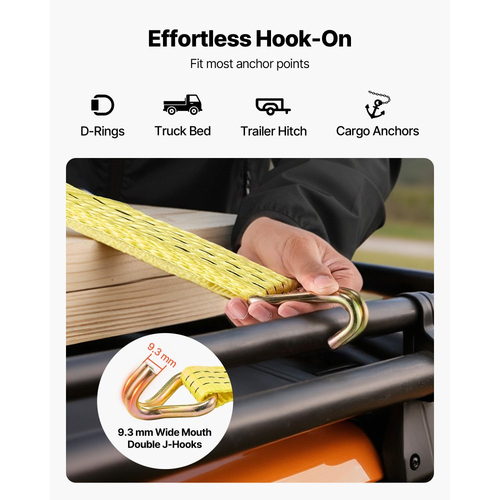 Ιμάντες καστάνιας VEVOR, 38,1 mm x 3 m, Ιμάντες πρόσδεσης βαρέως τύπου με διπλό γάντζο J, αντοχή σε θραύση 3000 kg, τσάντα μεταφοράς, δέσιμο με καστάνια για μετακίνηση, ρυμουλκούμενα, μοτοσικλέτες, καγιάκ, οροφή αυτοκινήτου, τεμάχιο 4