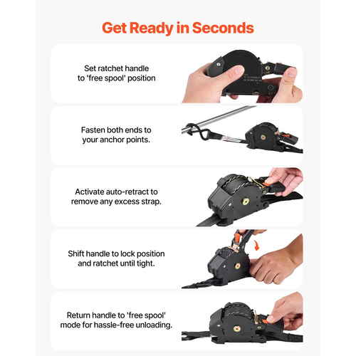 Ανασυρόμενοι ιμάντες καστάνιας VEVOR, 25,4 mm x 4,9 m, Ιμάντες πρόσδεσης με γάντζους S, αντοχή σε θραύση 700 kg, τσάντα μεταφοράς, δέσιμο με καστάνια για μετακίνηση, ρυμουλκούμενα, μοτοσικλέτες, καγιάκ, οροφή αυτοκινήτου, 4 τεμάχια