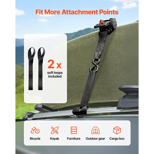 Ανασυρόμενοι ιμάντες καστάνιας VEVOR, 50,8 mm x 3 m, Ιμάντες πρόσδεσης με γάντζους S, αντοχή σε θραύση 1375 kg, 2 μαλακές θηλιές, Δέσιμο με καστάνια για μετακίνηση, ρυμουλκούμενα, μοτοσικλέτες, καγιάκ, οροφή αυτοκινήτου, 2 τεμάχια