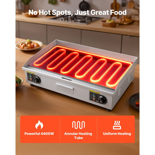 Ηλεκτρική πλάκα ψησίματος VEVOR Commercial, 725 x 400 mm, 4400W, Ρυθμιζόμενη θερμοκρασία 50-300°C, Πάγκος εργασίας από ανοξείδωτο χάλυβα, Μισό αυλάκι Μισό επίπεδος, με 2 σπάτουλες και 2 βούρτσες, για μπριζόλα, τηγανίτες