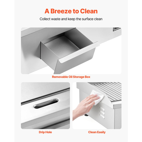 Ηλεκτρική πλάκα ψησίματος VEVOR Commercial, 725 x 400 mm, 4400W, Ρυθμιζόμενη θερμοκρασία 50-300°C, Πάγκος εργασίας από ανοξείδωτο χάλυβα, Μισό αυλάκι Μισό επίπεδος, με 2 σπάτουλες και 2 βούρτσες, για μπριζόλα, τηγανίτες