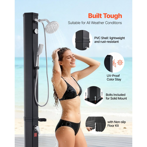 VEVOR 40L Ηλιακό Θερμαινόμενο Ντους, Εξωτερικό Ντους με Ύψος Κεφαλής Ντους 205cm, με Κιτ Δαπέδου & Χειροκίνητη & Ποδαρική Βρύση, Ρύθμιση Ζεστού & Κρύου Νερού, Ελεύθερο για Πισίνα Παραλίας, Μαύρο