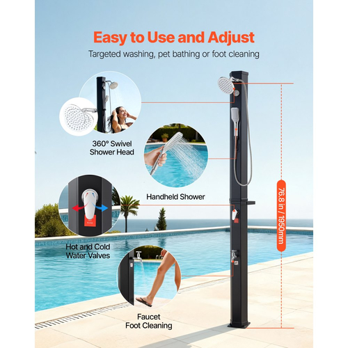 VEVOR 40L Ηλιακό Θερμαινόμενο Ντους, Εξωτερικό Ντους με Ύψος Κεφαλής Ντους 205cm, με Χειροκίνητη & Ποδαρική Βρύση, Ρύθμιση Ζεστού & Κρύου Νερού, Ελεύθερο για Πισίνα Παραλίας, Μαύρο