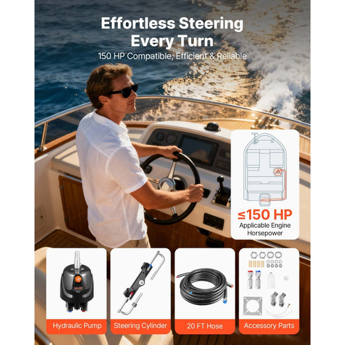 Κιτ υδραυλικού τιμονιού VEVOR, 150 HP, υδραυλικό σύστημα τιμονιού θαλάσσιου σκάφους, με αντλία τιμονιού 6,9 MPa/1000 psi, κύλινδρο κλειδώματος δύο κατευθύνσεων και σωλήνες υψηλής αντοχής 7,32 m, για χρήση σε έναν σταθμό με έναν κινητήρα