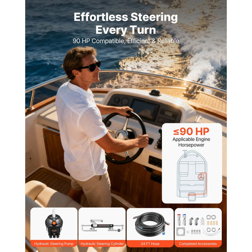 Κιτ υδραυλικού τιμονιού VEVOR, 90 HP, υδραυλικό σύστημα τιμονιού θαλάσσιου σκάφους, με αντλία τιμονιού 6,9 MPa/1000 psi, κύλινδρο κλειδώματος δύο κατευθύνσεων και σωλήνες υψηλής αντοχής 7,32 m, για χρήση σε μία στάση, με έναν κινητήρα