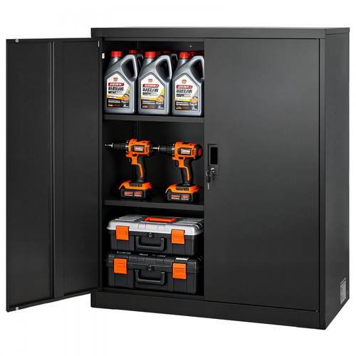 Μεταλλικό ντουλάπι αποθήκευσης VEVOR, μεταλλικό ντουλάπι γκαράζ 106 cm με 2 ρυθμιζόμενα ράφια, 2 μαγνητικές πόρτες και 2 κλειδιά, 3 επίπεδα αποθήκευσης εργαλείων με κλειδαριά για ντουλάπι τροφίμων, αποθήκη, υπόγειο, γραφείο, μαύρο