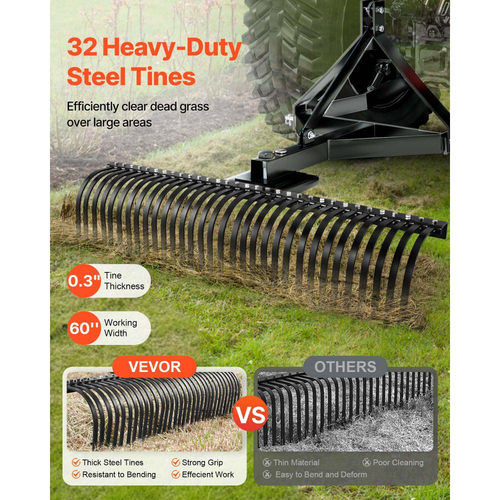 Ρυμούλκηση πίσω από το μηχάνημα αποκοπής θάμνων VEVOR, Ρυμούλκηση μηχανήματος αποκοπής θάμνων 1525 mm με 32 χαλύβδινα δόντια, Τσουγκράνα αποκοπής θάμνων γκαζόν 3 σημείων με εξαρτήματα για τρακτέρ, Τσουγκράνα τοπίου για κήπο, αγρόκτημα, γρασίδι