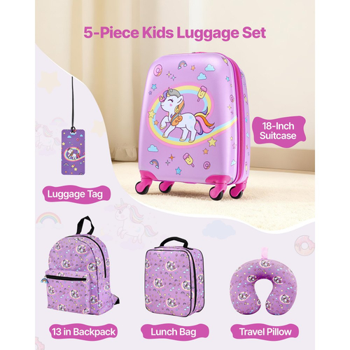 Σετ αποσκευών VEVOR για παιδιά, 5 τεμάχια, βαλίτσα 45,7 cm με σκληρές ρόδες και σακίδιο πλάτης και μαξιλάρι σε σχήμα U, σετ αποσκευών Unicorn για παιδιά, δώρο γενεθλίων για κορίτσια και αγόρια, εγκεκριμένο από αεροπορική εταιρεία