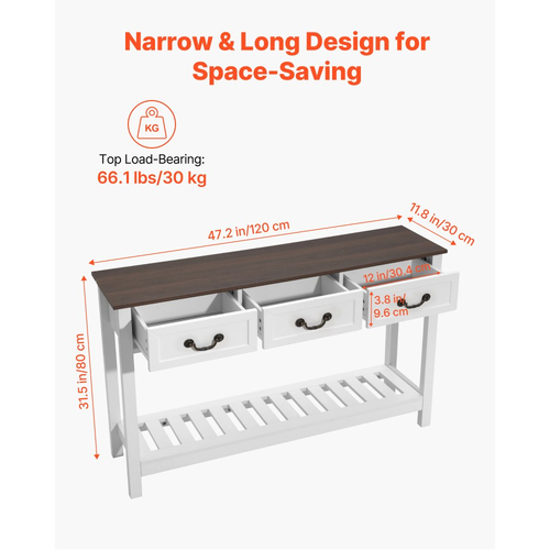 Τραπέζι κονσόλας VEVOR 120 cm, Γραφείο αγροικίας πίσω από τον καναπέ με συρτάρια και κάτω ράφι αποθήκευσης, Ξύλινο ορθογώνιο στενό τραπέζι καναπέ εισόδου για διάδρομο, υπνοδωμάτιο, σαλόνι, φουαγιέ, καφέ + λευκό