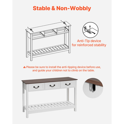 Τραπέζι κονσόλας VEVOR 120 cm, Γραφείο αγροικίας πίσω από τον καναπέ με συρτάρια και κάτω ράφι αποθήκευσης, Ξύλινο ορθογώνιο στενό τραπέζι καναπέ εισόδου για διάδρομο, υπνοδωμάτιο, σαλόνι, φουαγιέ, καφέ + λευκό