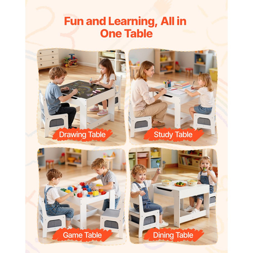 Σετ τραπεζιού και 2 καρεκλών VEVOR για παιδιά, Σετ τραπεζιού και καρέκλας για νήπια με χώρο αποθήκευσης κάτω από το τραπέζι, Υφασμάτινο κουτί αποθήκευσης κάτω από τις καρέκλες, Ξύλινο γραφείο για τέχνη, χειροτεχνίες, διάβασμα, μάθηση, σχέδιο, λευκό