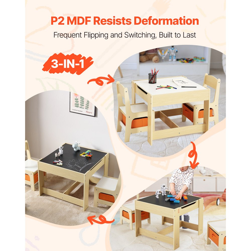 Σετ παιδικού τραπεζιού και 2 καρεκλών VEVOR, Σετ τραπεζιού και καρέκλας για νήπια με χώρο αποθήκευσης κάτω από το τραπέζι, Υφασμάτινο κουτί αποθήκευσης κάτω από τις καρέκλες, Ξύλινο γραφείο για τέχνη, χειροτεχνίες, διάβασμα, μάθηση, σχέδιο, ξύλο Burlywood