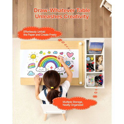 Σετ τραπεζιού και καρέκλας τέχνης VEVOR για παιδιά, τραπέζι χειροτεχνίας για νήπια με ντουλάπι αποθήκευσης 3 επιπέδων, ξύλινο γραφείο δραστηριοτήτων για παιδιά με 2 καρέκλες, γραφείο τέχνης για ανάγνωση, μάθηση, σχέδιο, γραφή, λευκό