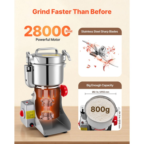 Ηλεκτρικός μύλος άλεσης σιτηρών VEVOR, Επαγγελματικοί μύλοι μπαχαρικών 800g, Μηχανή κονιοποίησης σκόνης από ανοξείδωτο χάλυβα υψηλής ταχύτητας 2100W, για ξηρούς κόκκους, μπαχαρικά, δημητριακά, καφέ, καλαμπόκι και πιπέρι, τύπου Swing