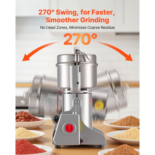 Ηλεκτρικός μύλος άλεσης σιτηρών VEVOR, Επαγγελματικοί μύλοι μπαχαρικών 800g, Μηχανή κονιοποίησης σκόνης από ανοξείδωτο χάλυβα υψηλής ταχύτητας 2100W, για ξηρούς κόκκους, μπαχαρικά, δημητριακά, καφέ, καλαμπόκι και πιπέρι, τύπου Swing