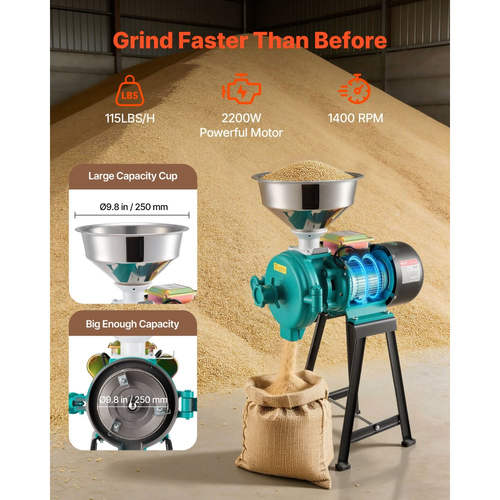 Ηλεκτρικός μύλος σιτηρών VEVOR, Επαγγελματικοί μύλοι μπαχαρικών 110 lbs/H, Μηχανή κονιοποίησης σκόνης από χυτοσίδηρο 2200W με αντιολισθητικά λαστιχένια πόδια, για ξηρούς κόκκους, μπαχαρικά, δημητριακά, καφέ, καλαμπόκι και πιπέρι