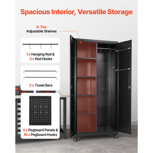 Μεταλλικό ντουλάπι αποθήκευσης VEVOR, ντουλάπι γκαράζ από χάλυβα 179,5 cm με ρυθμιζόμενα ράφια, 2 μαγνητικές πόρτες, κρεμαστή ράβδο και 3 γάντζους ράβδων, 5 επίπεδα αποθήκευσης εργαλείων με κλειδαριά για ντουλάπι, αποθήκη, υπόγειο