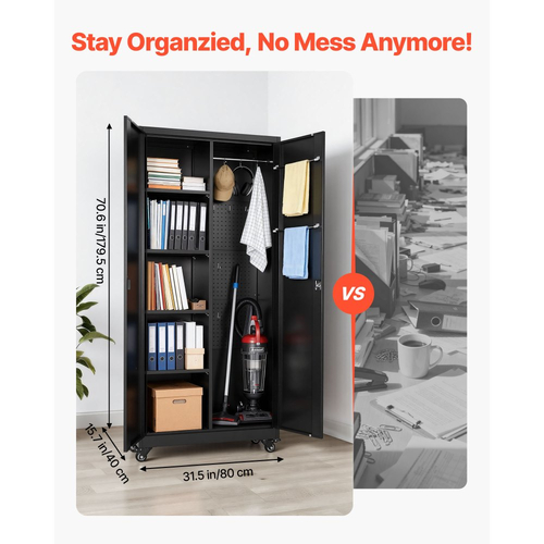 Μεταλλικό ντουλάπι αποθήκευσης VEVOR, ντουλάπι γκαράζ από χάλυβα 179,5 cm με ρυθμιζόμενα ράφια, 2 μαγνητικές πόρτες, κρεμαστή ράβδο και 3 γάντζους ράβδων, 5 επίπεδα αποθήκευσης εργαλείων με κλειδαριά για ντουλάπι, αποθήκη, υπόγειο