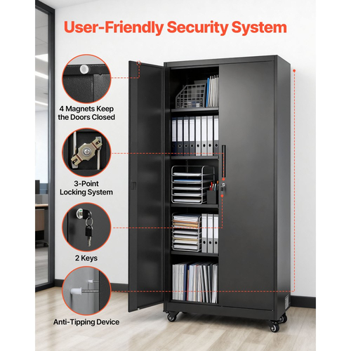 Μεταλλικό ντουλάπι αποθήκευσης VEVOR, ντουλάπι γκαράζ από χάλυβα 179,5 cm με ρυθμιζόμενα ράφια, 2 μαγνητικές πόρτες, κρεμαστή ράβδο και 3 γάντζους ράβδων, 5 επίπεδα αποθήκευσης εργαλείων με κλειδαριά για ντουλάπι, αποθήκη, υπόγειο