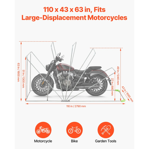 Στέγαστρο αποθήκευσης μοτοσικλέτας VEVOR με κλειδαριά ασφαλείας, σκηνή γκαράζ Oxford Flip-Up 600D, κάλυμμα μοτοσικλέτας βαρέως τύπου για όλες τις καιρικές συνθήκες με παράθυρα εξαερισμού, στέγαστρο οχήματος εξωτερικού χώρου 279x109,5x160 cm, μαύρο