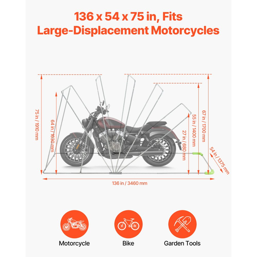 Στέγαστρο αποθήκευσης μοτοσικλέτας VEVOR με κλειδαριά ασφαλείας, σκηνή γκαράζ Oxford Flip-Up 600D, κάλυμμα μοτοσικλέτας βαρέως τύπου για όλες τις καιρικές συνθήκες με παράθυρα εξαερισμού, στέγαστρο οχήματος εξωτερικού χώρου 346x137,5x190 cm, μαύρο