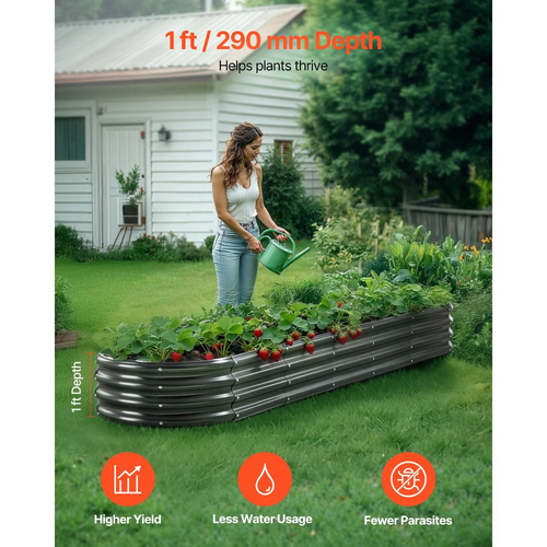 Μεταλλικό υπερυψωμένο παρτέρι VEVOR, 2,4 x 0,6 x 0,3 m οβάλ εξωτερικό κουτί κήπου από γαλβανισμένο γαλβανισμένο σκελετό, ανοιχτού πάτου, μεγάλη υπερυψωμένη γλάστρα για καλλιέργεια λαχανικών, λουλουδιών, βοτάνων, παχύφυτων, σκούρο γκρι