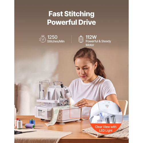 Ραπτομηχανή VEVOR Serger Overlock, 1250 βελονιές ανά λεπτό, δυνατότητα 3 και 4 κλωστών, με φως LED και ισχυρά πόδια αναρρόφησης, Ραπτομηχανή βαρέως τύπου με μεταλλικό πλαίσιο για διάφορα υφάσματα, λευκή
