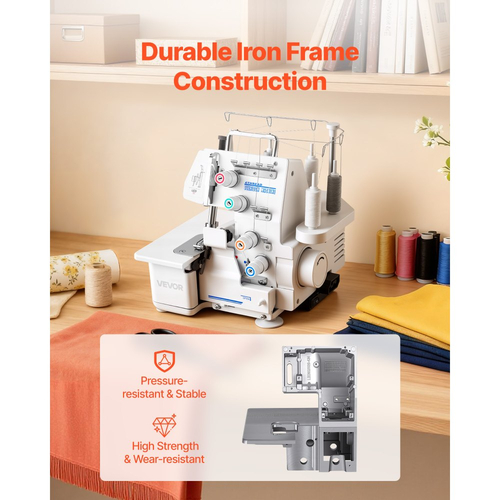Ραπτομηχανή VEVOR Serger Overlock, 1250 βελονιές ανά λεπτό, δυνατότητα 3 και 4 κλωστών, με φως LED και ισχυρά πόδια αναρρόφησης, Ραπτομηχανή βαρέως τύπου με μεταλλικό πλαίσιο για διάφορα υφάσματα, λευκή