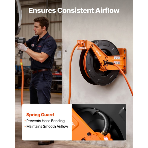 Ανασυρόμενο καρούλι λάστιχου αέρα VEVOR, υβριδικός λάστιχο αέρα 15m x 9,5mm, μέγιστος 300PSI, καρούλι λάστιχων αεροσυμπιεστή με αυτόματη επανατύλιξη και είσοδο 1,52m, τοποθέτηση σε οροφή/τοίχο, βαρέως τύπου, διπλός βραχίονας από χάλυβα