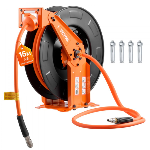 Ανασυρόμενο καρούλι λάστιχου αέρα VEVOR, υβριδικός λάστιχο αέρα 15m x 9,5mm, μέγιστος 300PSI, καρούλι λάστιχων αεροσυμπιεστή με αυτόματη επανατύλιξη και είσοδο 1,52m, τοποθέτηση σε οροφή/τοίχο, βαρέως τύπου, διπλός βραχίονας από χάλυβα