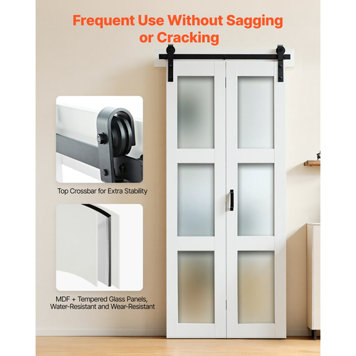 Πόρτα Αχυρώνα VEVOR Δίπτυχη, 914 x 2134 mm, MDF με συρόμενες πόρτες από σκληρυμένο γυαλί, Συμπεριλαμβάνεται κιτ εξαρτημάτων, Σχεδιασμός εξοικονόμησης χώρου, Προσυναρμολογημένα πάνελ για υπνοδωμάτιο, σαλόνι, ντουλάπα, λευκό
