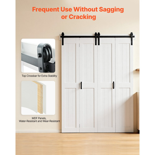 Πόρτα Αχυρώνα VEVOR Δίπτυχη, 1829 x 2134 mm, Πόρτες Ντουλάπας MDF Δίπτυχες Συρόμενες, Περιλαμβάνεται Κιτ Εξοπλισμού, Σχεδιασμός Πλαισίου H που Εξοικονομεί Χώρο, Προσυναρμολογημένα Πάνελ για Υπνοδωμάτιο, Σαλόνι και Διαχωριστικό Δωματίου, Λευκό