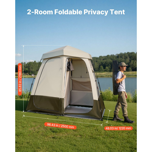 Σκηνή ντους κάμπινγκ VEVOR, πτυσσόμενη σκηνή απορρήτου 2 δωματίων με αποδυτήρια με πασσάλους εδάφους, σχοινιά, τσάντα μεταφοράς και εγκάρσια μπάρα, ύφασμα Oxford 150D με επίστρωση αργύρου, για κάμπινγκ, παραλία και ψάρεμα