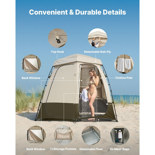 Σκηνή ντους κάμπινγκ VEVOR, πτυσσόμενη σκηνή απορρήτου 2 δωματίων με αποδυτήρια με πασσάλους εδάφους, σχοινιά, τσάντα μεταφοράς και εγκάρσια μπάρα, ύφασμα Oxford 150D με επίστρωση αργύρου, για κάμπινγκ, παραλία και ψάρεμα
