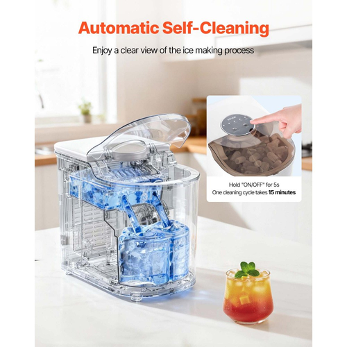 Παγομηχανή VEVOR για πάγκο, 7 κύβοι έτοιμοι σε 6 λεπτά, 11,8 κιλά ανά ημέρα, Αυτοκαθαριζόμενη φορητή μηχανή με σέσουλα πάγου, Μηχανή παραγωγής πάγου με 2 μεγέθη παγωτού τύπου Bullet για σπίτι, κουζίνα, γραφείο, μπαρ και πάρτι