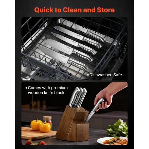 Σετ μαχαιριών κουζίνας VEVOR με μπλοκ και ξύστρα, Σετ 15 τεμαχίων γερμανικών αιχμηρών μαχαιριών από ανοξείδωτο ατσάλι υψηλής περιεκτικότητας σε άνθρακα, μαχαιροπίρουνα κουζίνας με εργονομική λαβή, ράβδο ακονίσματος και ξύλινο μπλοκ, για οικιακούς μάγειρες