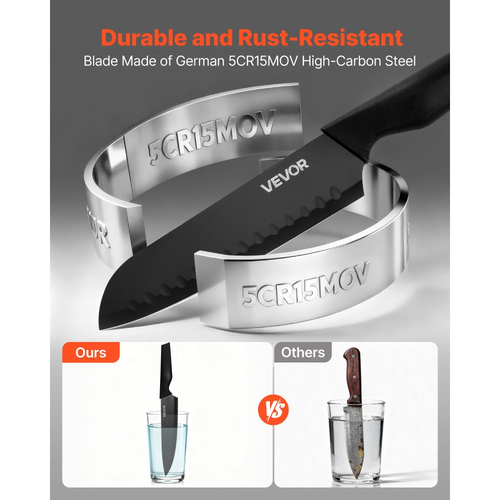 Σετ μαχαιριών κουζίνας VEVOR με μπλοκ και ξύστρα, Σετ μαχαιριών κουζίνας 15 τεμαχίων από γερμανικό ανοξείδωτο ατσάλι υψηλής περιεκτικότητας σε άνθρακα, μαχαιροπίρουνα κουζίνας με εργονομική λαβή PP, ράβδο ακονίσματος και ξύλινο μπλοκ, για οικιακούς μάγειρες