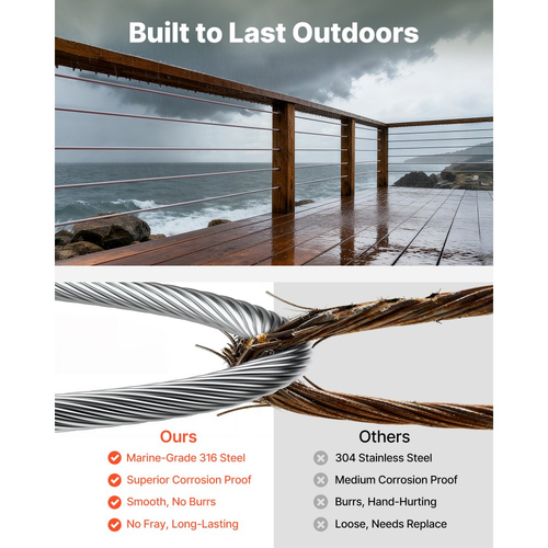 Συρματόσχοινο VEVOR 3,2 mm, μήκος 304,8 m, καλώδιο από ανοξείδωτο χάλυβα 316 με κόφτη, αντοχή σε θραύση 798 kg, κατασκευή 1 x 19 κλώνων, χαλύβδινο καλώδιο για σύστημα κιγκλιδωμάτων καταστρώματος, πέργκολα κήπου