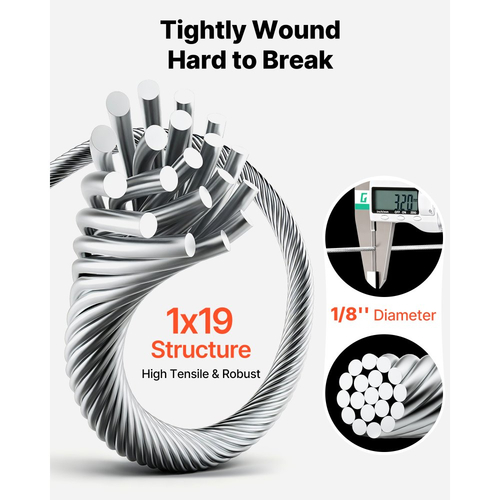 Συρματόσχοινο VEVOR 3,2 mm, μήκος 304,8 m, καλώδιο από ανοξείδωτο χάλυβα 316 με κόφτη, αντοχή σε θραύση 798 kg, κατασκευή 1 x 19 κλώνων, χαλύβδινο καλώδιο για σύστημα κιγκλιδωμάτων καταστρώματος, πέργκολα κήπου