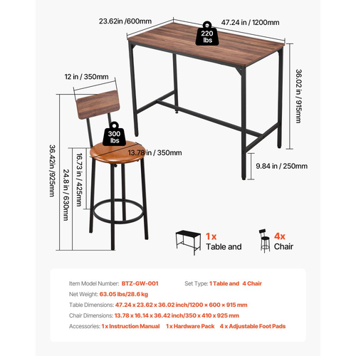 Τραπέζι Μπαρ VEVOR, Σετ 5 τεμαχίων τραπεζιών μπαρ 1193,8 χιλ., Σετ τραπεζιών μπαρ και καρεκλών με στρογγυλεμένες άκρες, Ορθογώνιο τραπέζι μπαρ με τέσσερα σκαμπό για σαλόνι, τραπεζαρία, κουζίνα, χρώμα καρυδιάς, μαύρο