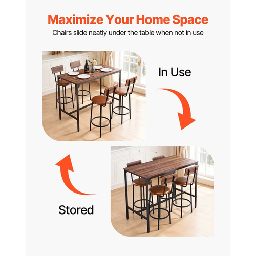 Τραπέζι Μπαρ VEVOR, Σετ 5 τεμαχίων τραπεζιών μπαρ 1193,8 χιλ., Σετ τραπεζιών μπαρ και καρεκλών με στρογγυλεμένες άκρες, Ορθογώνιο τραπέζι μπαρ με τέσσερα σκαμπό για σαλόνι, τραπεζαρία, κουζίνα, χρώμα καρυδιάς, μαύρο