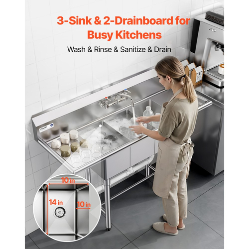 Νιπτήρας VEVOR 3 θέσεων, από ανοξείδωτο ατσάλι 18-Gauge 304, μέγεθος λεκάνης 254x356x254 mm, επαγγελματικός νεροχύτης προετοιμασίας και βοηθητικού χώρου κουζίνας 3 θέσεων με 2 σανίδες αποστράγγισης και πλακάκι πλάτης για εστιατόριο, φορτηγό τροφίμων και οικιακή χρήση