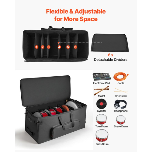 Τσάντα για ηλεκτρονικά ντραμς VEVOR, 600D, με επένδυση για ντραμς και ρόδες, μεγάλο εσωτερικό 920 x 420 x 410 mm, ελαφριά θήκη ταξιδιού με αποσπώμενα διαχωριστικά και πολλαπλές τσέπες, για ηλεκτρικά ντραμς, μαύρη