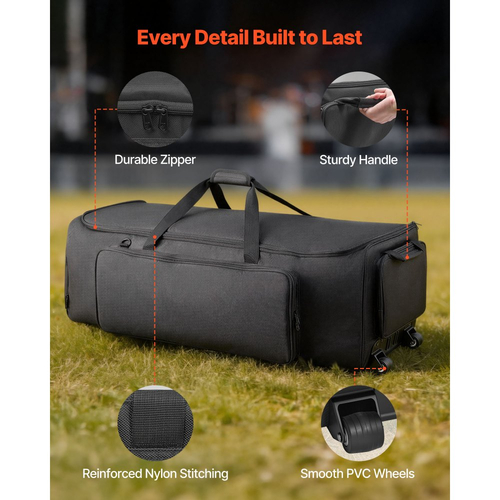 Τσάντα μεταφοράς εξοπλισμού τυμπάνων VEVOR με ρόδες, 1680D, τσάντα μεταφοράς εξοπλισμού σετ τυμπάνων, θήκη μεταφοράς με στιβαρή λαβή, ανθεκτικό φερμουάρ, λείες ρόδες PVC, πολλαπλές τσέπες, για αξεσουάρ υλικού και βάσης, μαύρη