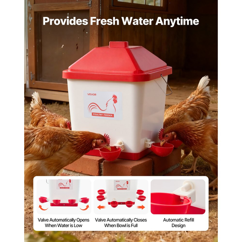 Αυτόματο ποτιστήρι κοτόπουλου VEVOR 19L, 6 θύρες νερού, αυτόματο δοχείο νερού, αυτόματο ποτιστήρι βαρύτητας με βολική λαβή και σφραγισμένο ελαστικό δακτύλιο, αδιάβροχο υλικό PP, σχεδιασμός χωρίς απόβλητα, για κοτόπουλο