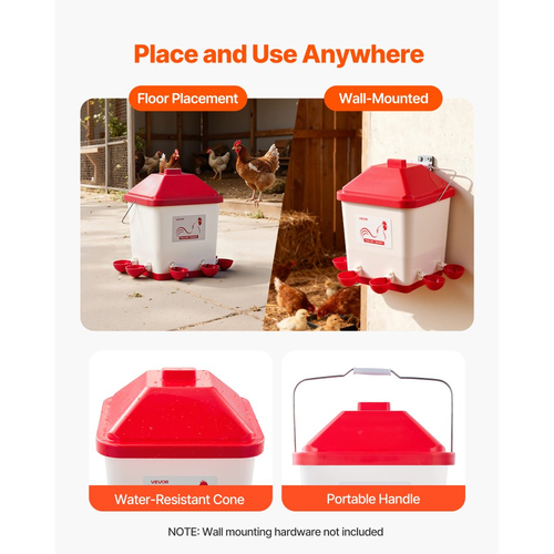 Αυτόματο ποτιστήρι κοτόπουλου VEVOR 19L, 6 θύρες νερού, αυτόματο δοχείο νερού, αυτόματο ποτιστήρι βαρύτητας με βολική λαβή και σφραγισμένο ελαστικό δακτύλιο, αδιάβροχο υλικό PP, σχεδιασμός χωρίς απόβλητα, για κοτόπουλο