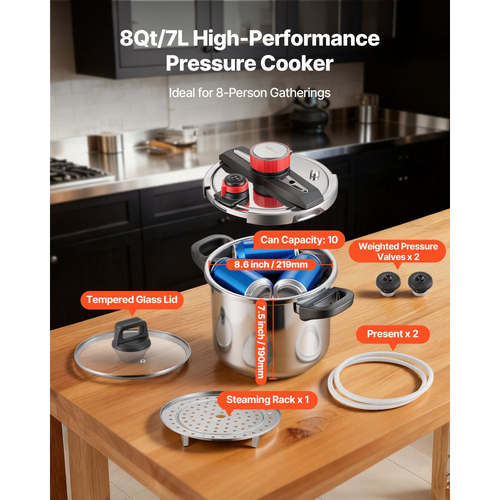 Χύτρα ταχύτητας VEVOR, Χύτρα ταχύτητας 7L από ανοξείδωτο ατσάλι, Δοχείο πίεσης με σχάρα ατμού, Καπάκι από σκληρυμένο γυαλί, Τρεις ρυθμίσεις πίεσης για κρέας, φασόλια, ρύζι, σούπα, σάλτσες, Μαγείρεμα έως 100 kPa